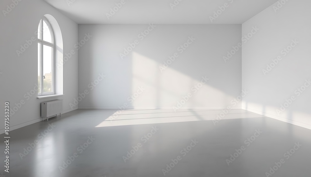 A minimalist, modern empty room with a large window on one side, letting in a soft, diffused light that illuminates a sparse, polished concrete floor. A minimalist, modern empty room with a large window on one side, letting in a soft, diffused light that illuminates a sparse, polished concrete floor.