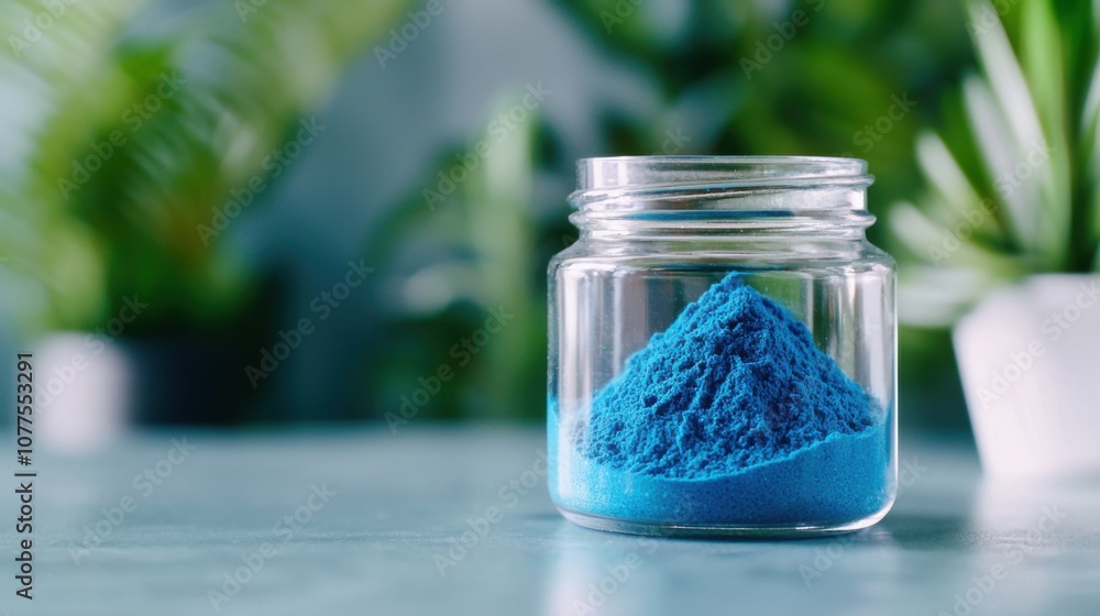 Bright Blue Spirulina Powder in a Glass Jar on a Light Surface Surrounded by Greenery – A Nutrient-Packed Superfood for Health Enthusiasts Bright Blue Spirulina Powder in a Glass Jar on a Light Surface Surrounded by Greenery – A Nutrient-Packed Superfood for Health Enthusiasts