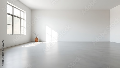 A minimalist, modern empty room with a large window on one side, letting in a soft, diffused light that illuminates a sparse, polished concrete floor.