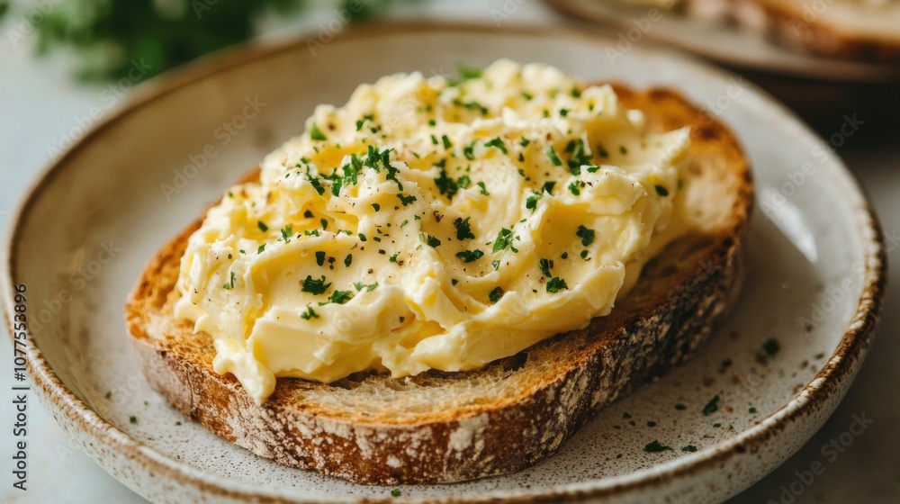 Creamy Butter Spread on Toasted Bread Slice Garnished with Fresh Herbs, Perfect for Breakfast or Snack Time Enjoyment in a Cozy Kitchen Setting Creamy Butter Spread on Toasted Bread Slice Garnished with Fresh Herbs, Perfect for Breakfast or Snack Time Enjoyment in a Cozy Kitchen Setting