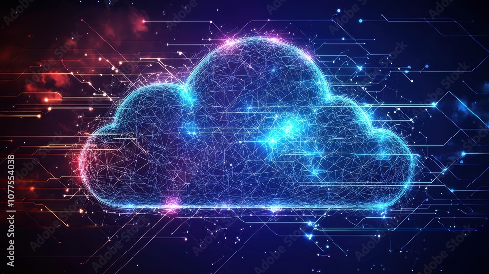 Vibrant Digital Cloud Design with Radiant Lines and Connecting Nodes in a Futuristic Technology Concept Vibrant Digital Cloud Design with Radiant Lines and Connecting Nodes in a Futuristic Technology Concept