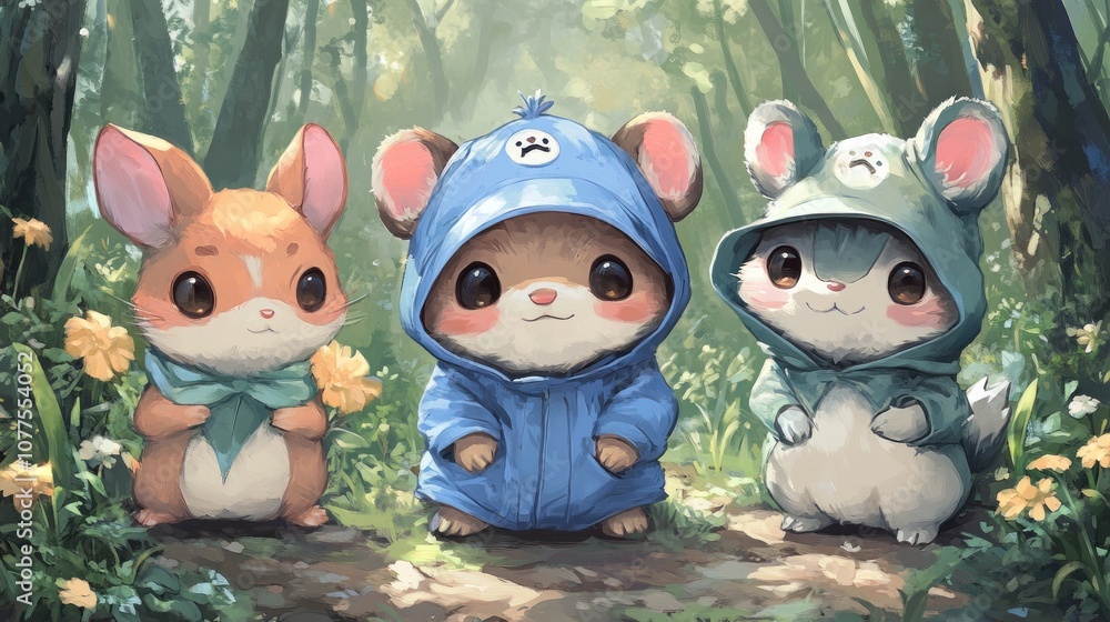 Three adorable cartoon animals in a forest, a rabbit and two mice, wearing cute hoods. Three adorable cartoon animals in a forest, a rabbit and two mice, wearing cute hoods.