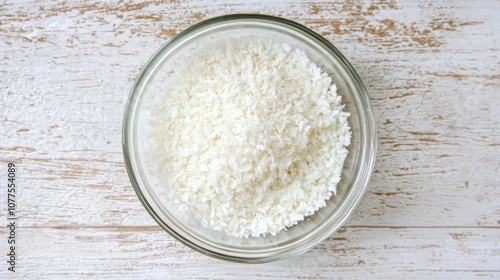 Fresh Coconut Chips in a Clear Bowl on a Light Wooden Surface, Perfect for Healthy Snacks, Culinary Recipes, or Festive Garnishes, Captured from Above