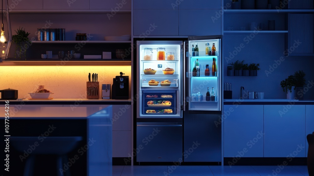 Modern Kitchen with Open Refrigerator Modern Kitchen with Open Refrigerator