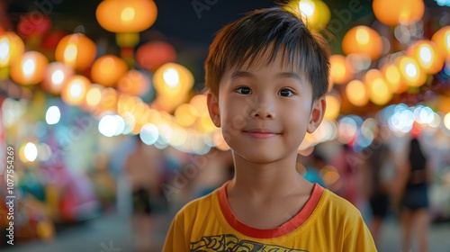 Embracing a colorful setting, a confident Asian kid's charismatic pose exudes natural charm and youthful confidence