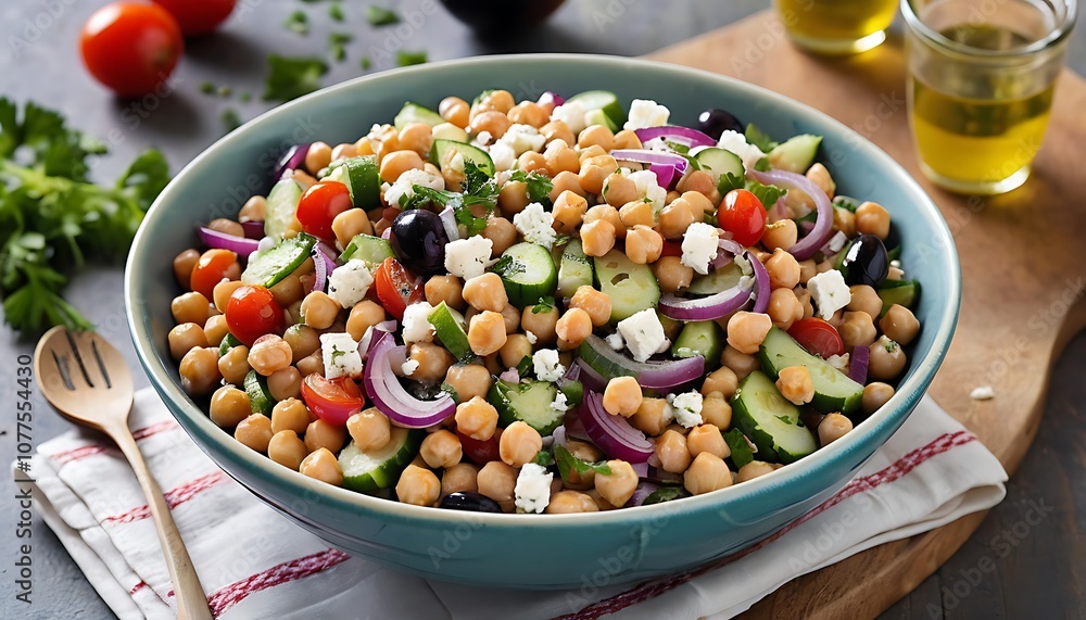 A large, shallow bowl filled with a colorful medley of plump chickpeas, diced cucumbers, cherry tomatoes, red onions, and crumbled feta cheese. A large, shallow bowl filled with a colorful medley of plump chickpeas, diced cucumbers, cherry tomatoes, red onions, and crumbled feta cheese.
