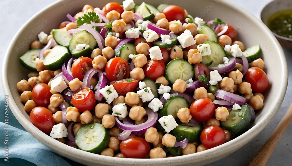 A large, shallow bowl filled with a colorful medley of plump chickpeas, diced cucumbers, cherry tomatoes, red onions, and crumbled feta cheese. A large, shallow bowl filled with a colorful medley of plump chickpeas, diced cucumbers, cherry tomatoes, red onions, and crumbled feta cheese.