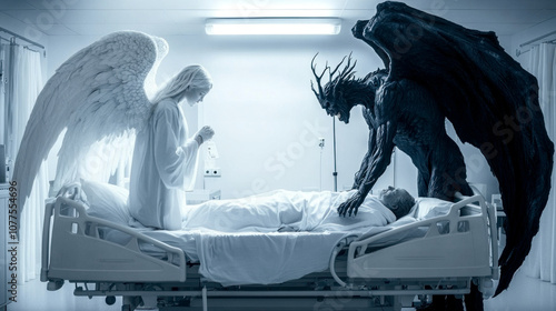 White angel and black demon having a dispute over terminally ill patient in intensive care unit of a hospital photo