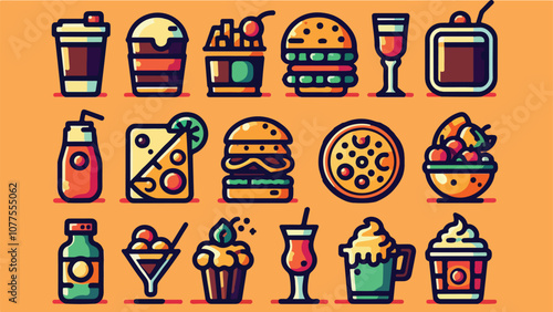 A set of food and beverage icons featuring popular items like coffee cups, burgers, pizza, cocktails, and desserts