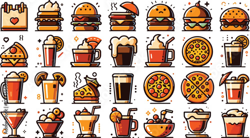 A set of food and beverage icons featuring popular items like coffee cups, burgers, pizza, cocktails, and desserts