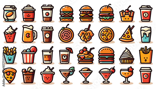 A set of food and beverage icons featuring popular items like coffee cups, burgers, pizza, cocktails, and desserts