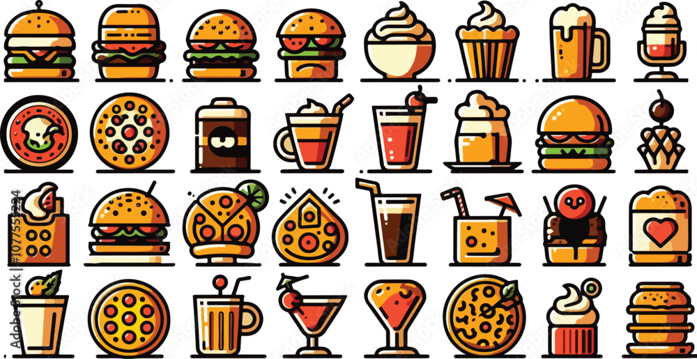A set of food and beverage icons featuring popular items like coffee cups, burgers, pizza, cocktails, and desserts A set of food and beverage icons featuring popular items like coffee cups, burgers, pizza, cocktails, and desserts