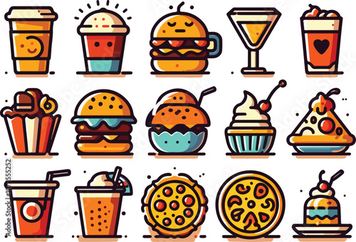 A set of food and beverage icons featuring popular items like coffee cups, burgers, pizza, cocktails, and desserts