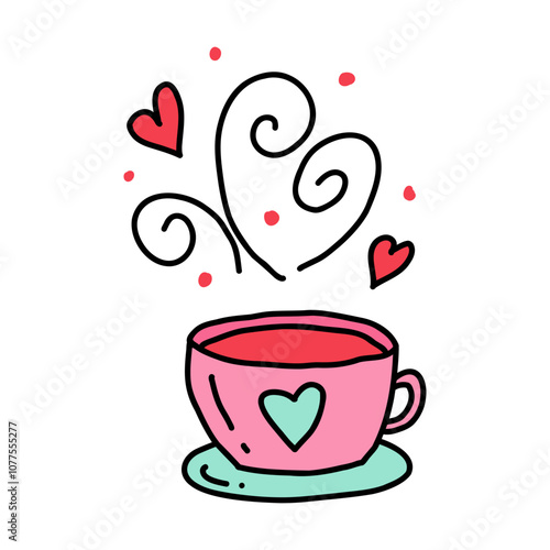 Pink cup with heart design and swirling hearts instead of steam in doodle style isolated on white background. Hand drawn cute cup for Valentine's Day, weddings. Love and celebration with charming cup