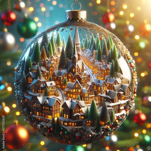 Christmas ball with little town decorated for xmas