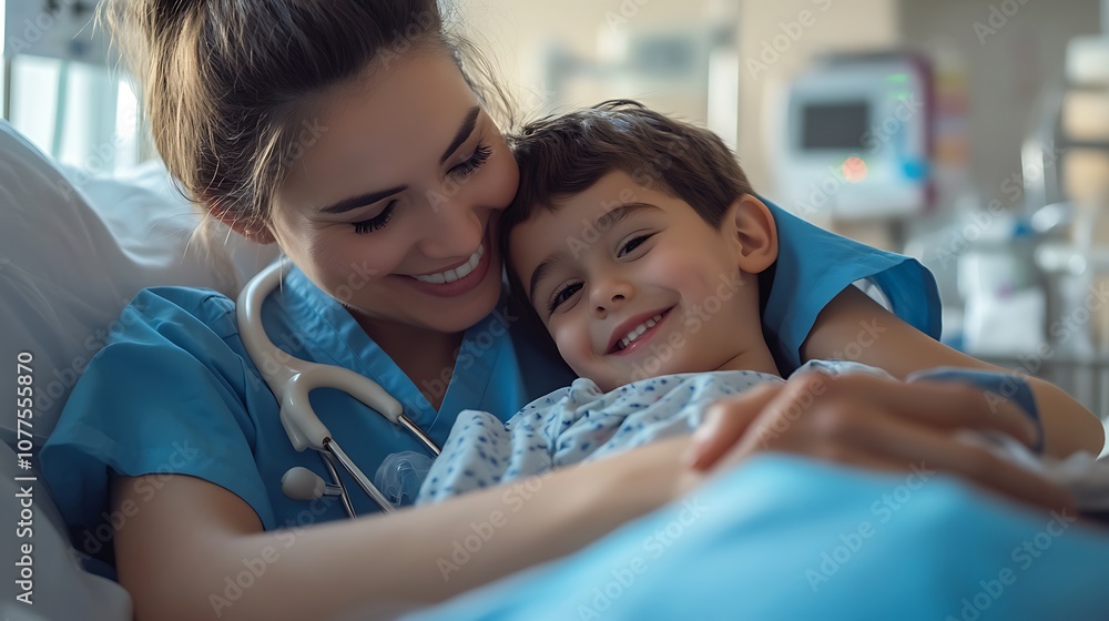 Canadian pediatric nurse comforting child in a hospital bed warm and caring environment focus on child healthcare Canadian pediatric nurse comforting child in a hospital bed warm and caring environment focus on child healthcare