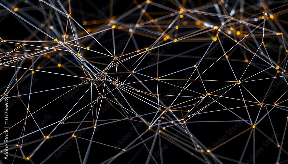 A complex web of thin, metallic lines stretches across the frame, glowing in silver and gold hues. A complex web of thin, metallic lines stretches across the frame, glowing in silver and gold hues.