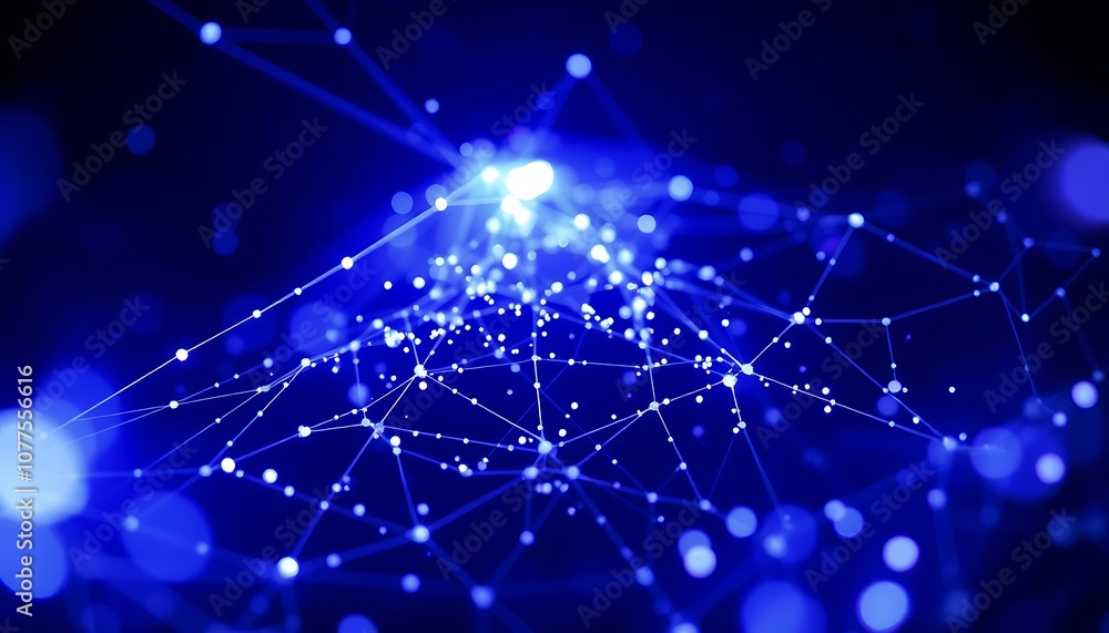 Fototapeta premium Tiny particles of light are suspended in a dark void, connected by faint lines in a delicate, web-like structure. 
