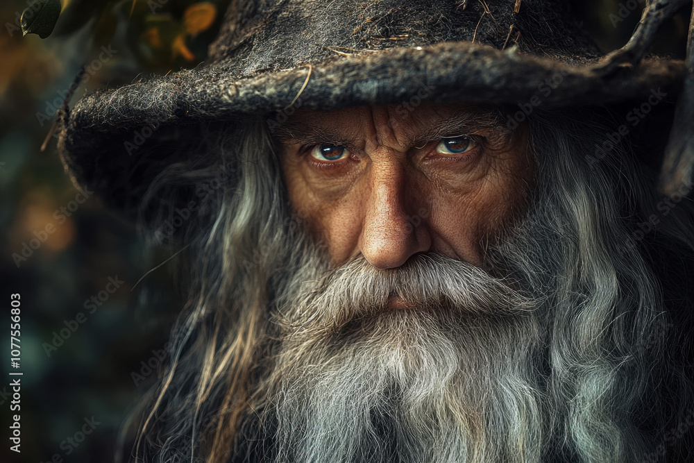 Mystical elderly white man with long beard and hat in a forest, exuding wisdom and mystery with piercing eyes. Mystical elderly white man with long beard and hat in a forest, exuding wisdom and mystery with piercing eyes.