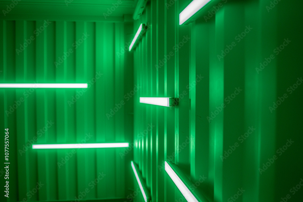 Obraz premium Neon Green Minimalist Container Corridor - Futuristic Urban Architecture LED Tubes