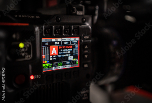 Professional RED Camera Display with Detailed Settings - High-Tech Cinematic Filming Gear for Precision and Control Behind The Scenes