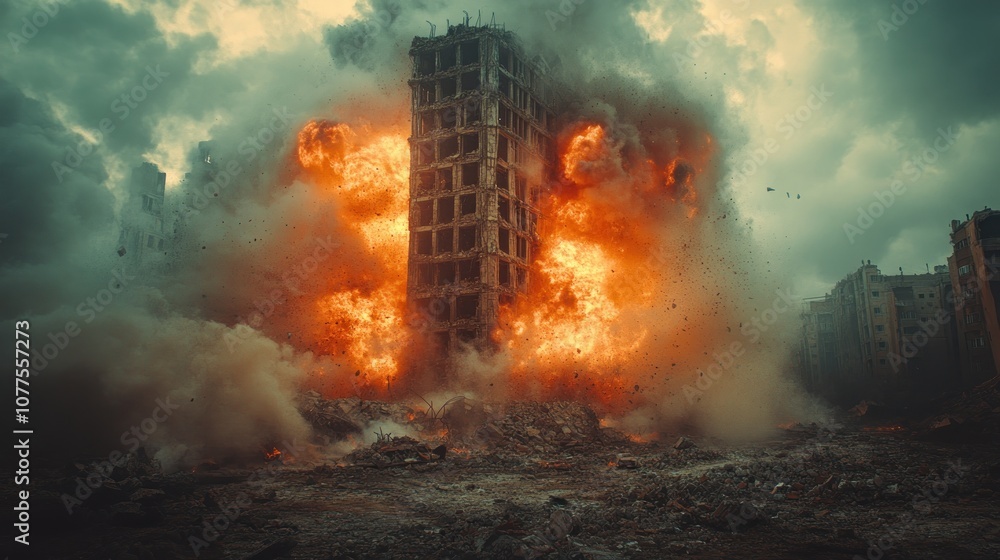 Fototapeta premium Explosion of a building amidst a smoky, chaotic urban landscape.