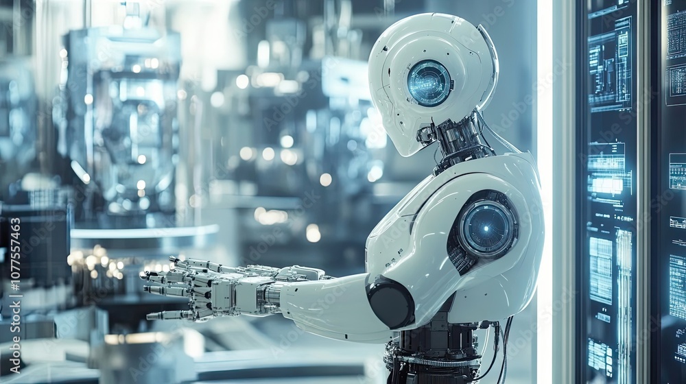 A White Humanoid Robot Working in a Futuristic Factory A White Humanoid Robot Working in a Futuristic Factory