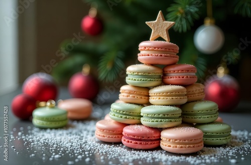 French macaron dessert laid out in the shape of a Christmas tree with a star on the background of a Christmas tree. Christmas dessert. Christmas tree made from macaroons. Macaron in a lined tower. photo