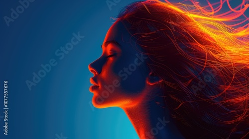 A woman with flowing red hair against a blue background, illuminated by neon lights.