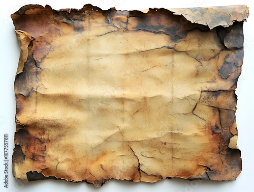 A flat faded piece of old paper on a white background with small holes at the top and worn edges showing signs of aging