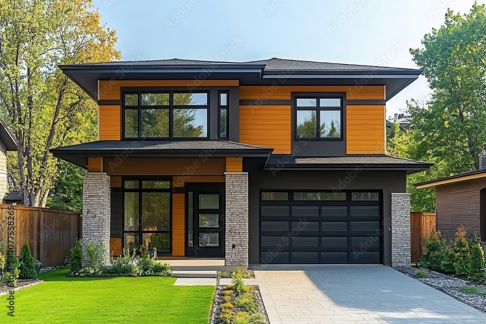 Modern house with a black garage door. This photo is perfect for real estate, architecture, and home improvement websites. Modern house with a black garage door. This photo is perfect for real estate, architecture, and home improvement websites.