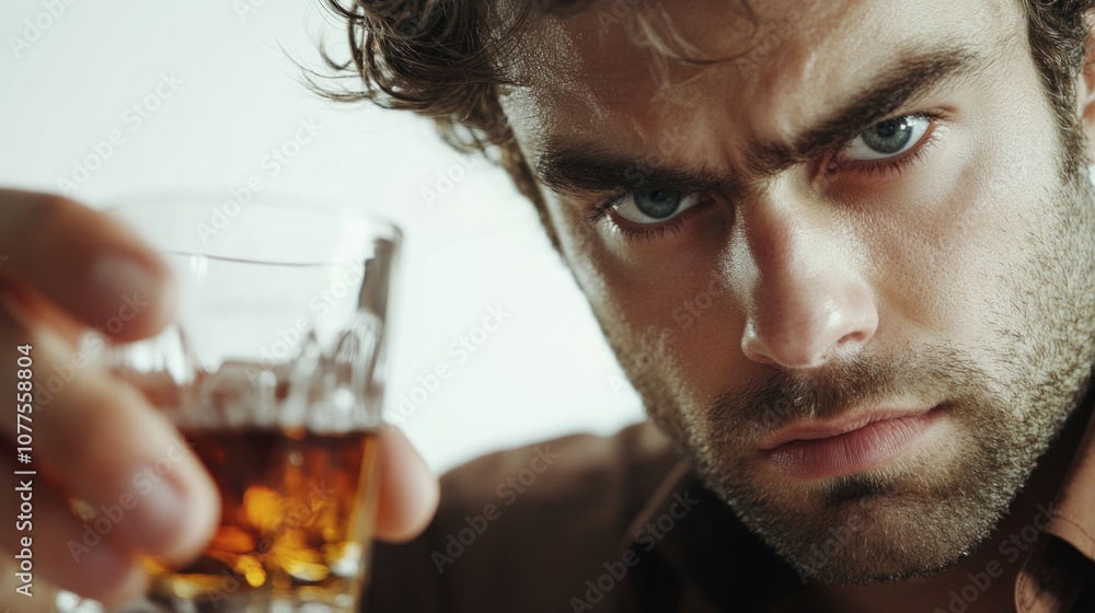 Closeup of a man with tired eyes holding a glass of whiskey generative ai Closeup of a man with tired eyes holding a glass of whiskey generative ai