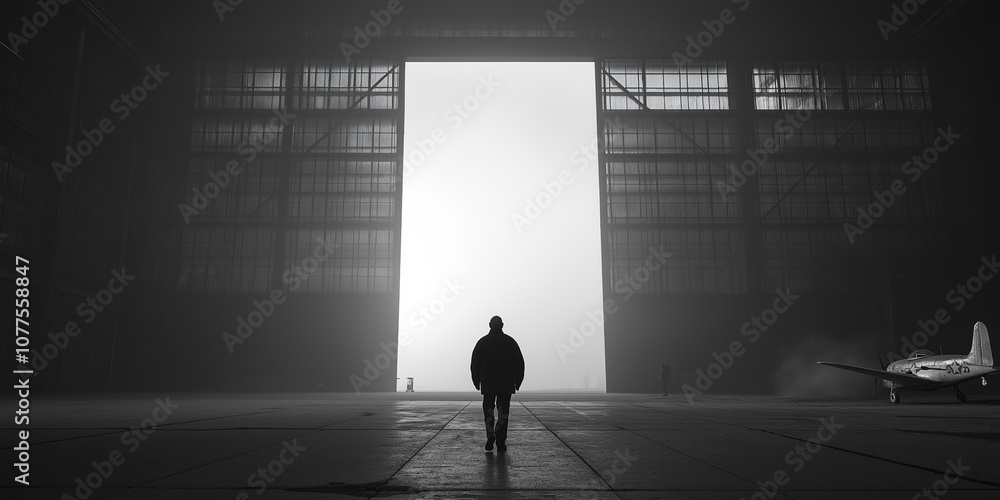 Aviator Walking Towards Old Hangar Aviator Walking Towards Old Hangar