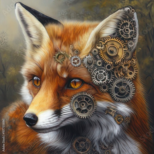 A red fox with intricate steampunk gears on its face, set against a blurred forest background. photo