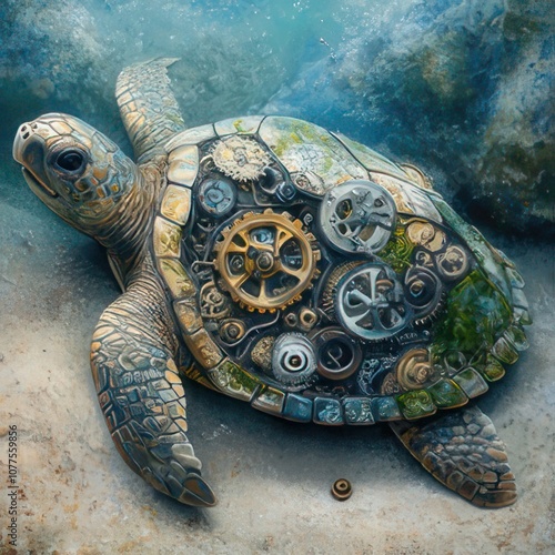 A sea turtle with a shell made of gears and cogs, symbolizing the interconnectedness of nature and technology. photo