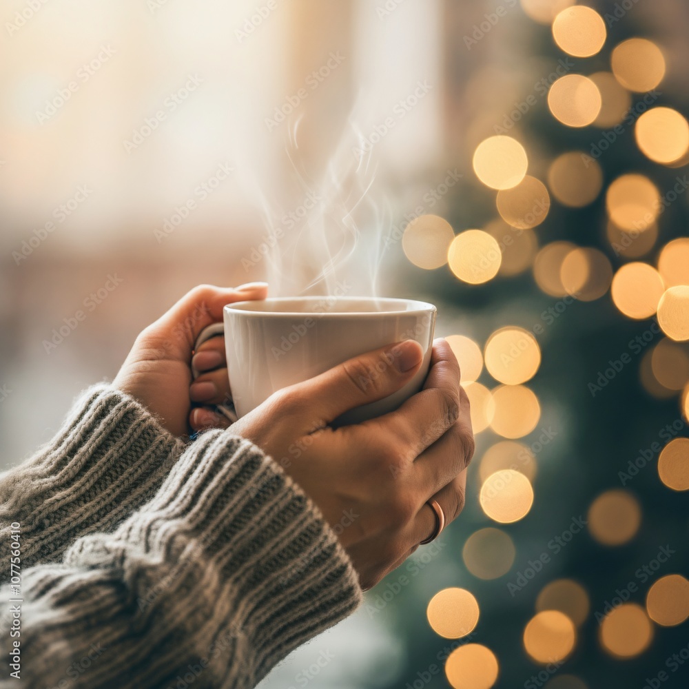 Close-up of hands holding a steaming cup of coffee on a chilly morning Close-up of hands holding a steaming cup of coffee on a chilly morning