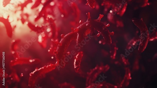 Microscopic view of red viruses in a dark red background with a warm light in the top.