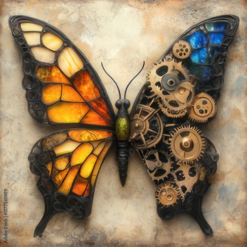 A steampunk butterfly with gears on one side and stained glass on the other.