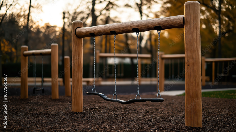 Wooden swing sets on a playground surrounded by trees during sunset. The image focuses on an empty swing with blurred background, highlighting the natural and peaceful setting. Wooden swing sets on a playground surrounded by trees during sunset. The image focuses on an empty swing with blurred background, highlighting the natural and peaceful setting.