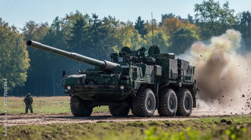 Military armored vehicle firing in a field. Military armored vehicle firing in a field.