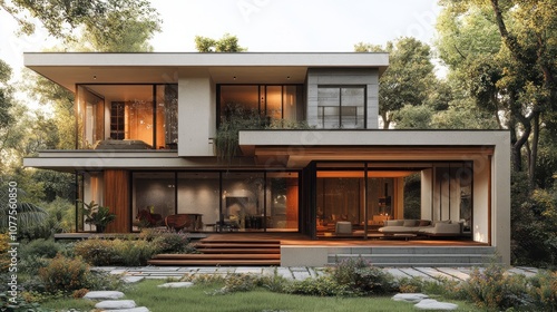 Modern two-story house surrounded by lush greenery and landscaping.