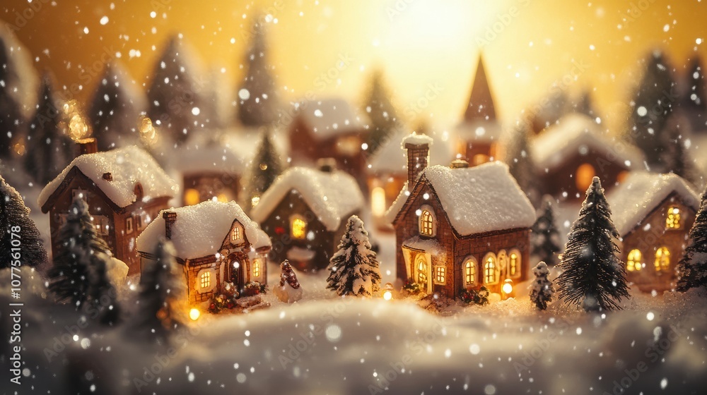 Charming homes and a warm light glow softly from a snow-covered Christmas village, creating a magical winter atmosphere at dusk. Generative AI