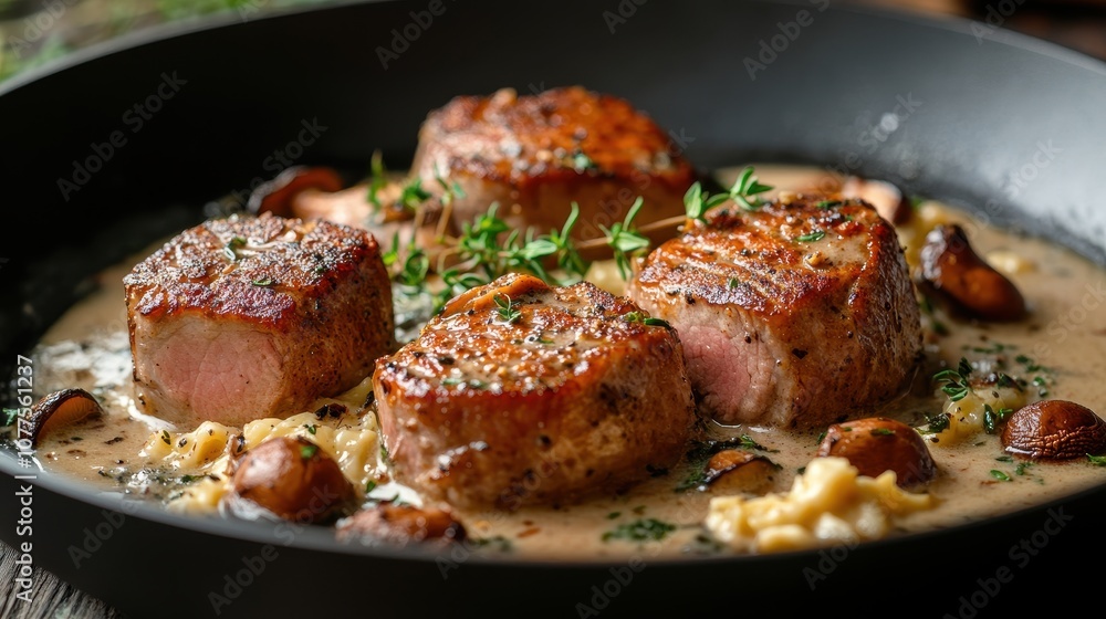 Pan-seared pork tenderloin with mushroom sauce. Perfect for showcasing a delicious and elegant meal. Pan-seared pork tenderloin with mushroom sauce. Perfect for showcasing a delicious and elegant meal.