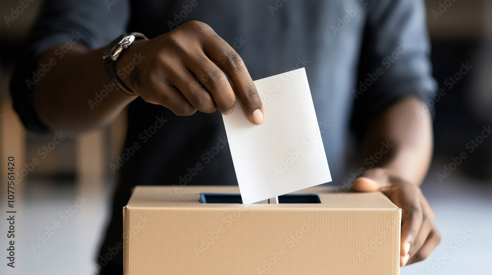 Close-up of a person's hand inserting a vote into a cardboard ballot box, emphasizing the concept of voting and elections. Close-up of a person's hand inserting a vote into a cardboard ballot box, emphasizing the concept of voting and elections.