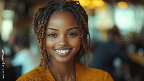 A beautiful Black woman smiling at the camera with her colleagues in an office setting. 