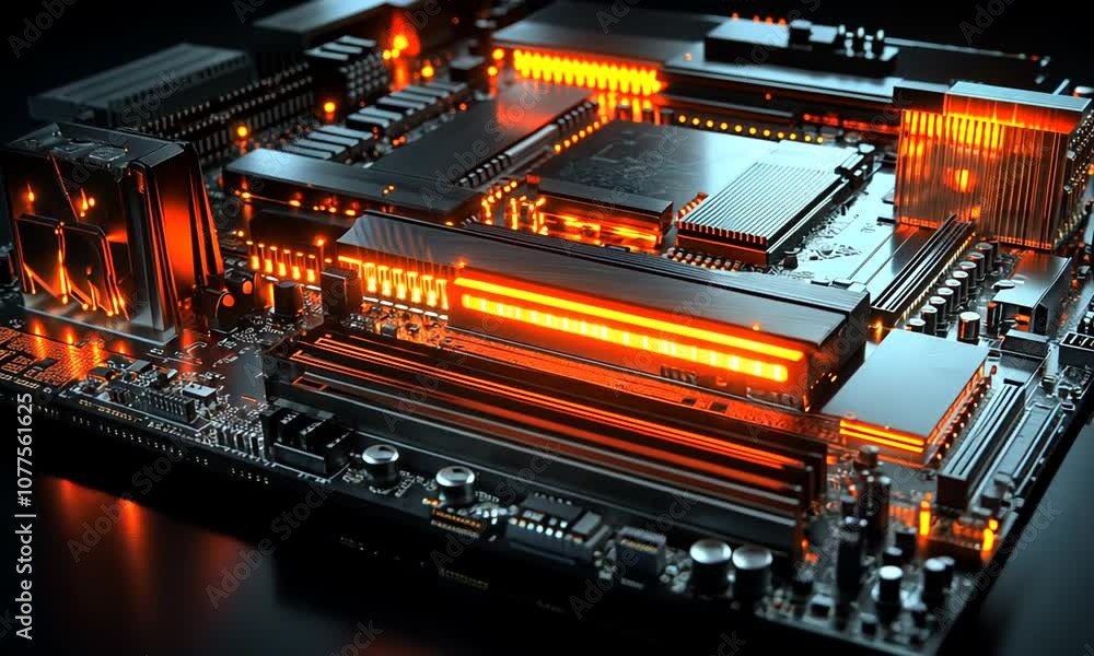Close-Up of a Computer Motherboard with Glowing Orange LEDs Close-Up of a Computer Motherboard with Glowing Orange LEDs