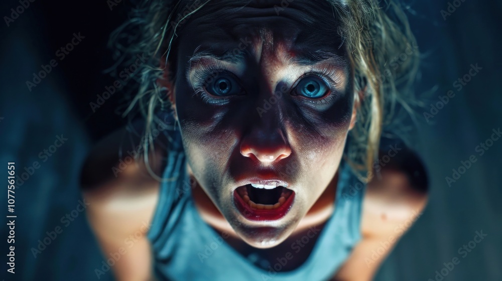Close-up portrait of an anxious woman with tears, depicting fear Close-up portrait of an anxious woman with tears, depicting fear