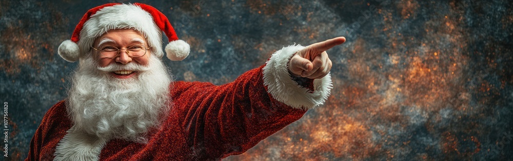 Santa Claus on a background with a copy space pointing his index finger forward Santa Claus on a background with a copy space pointing his index finger forward