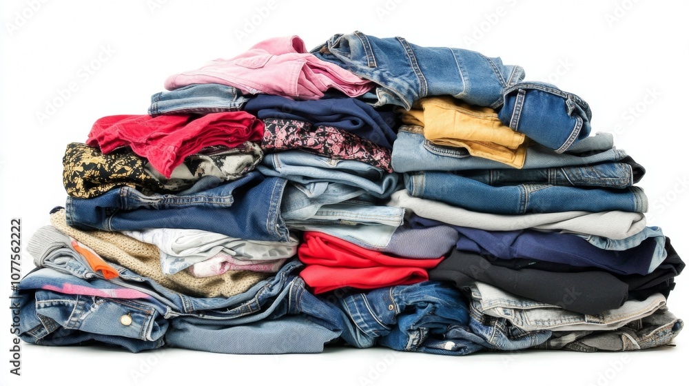jeans and clothes piled up on white background jeans and clothes piled up on white background