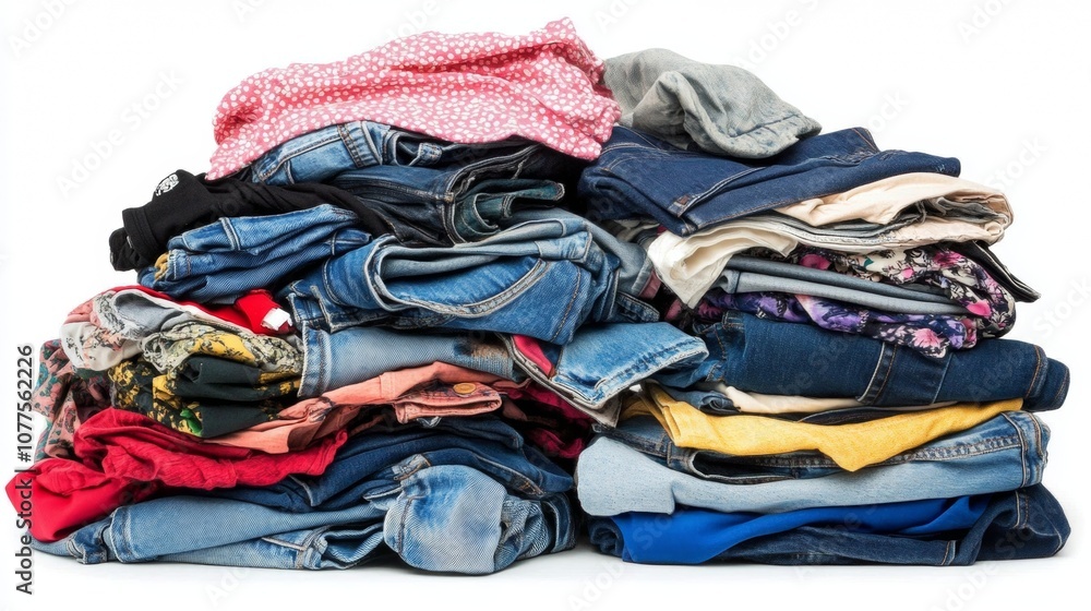 jeans and clothes piled up on white background jeans and clothes piled up on white background